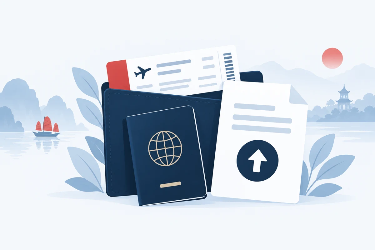 Illustration of travel documents and a document upload