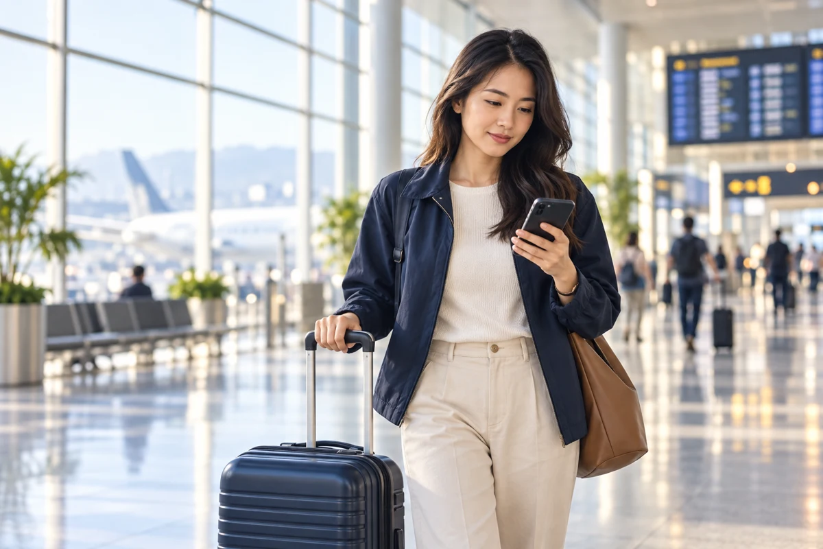 Traveller checking flight information on her phone at an airport