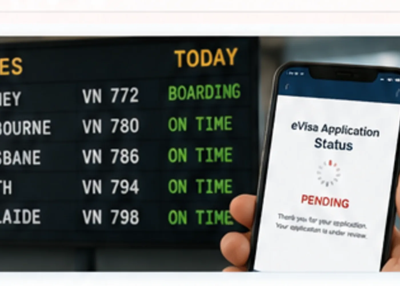 Airport departure information and a traveller checking a pending Vietnam eVisa status