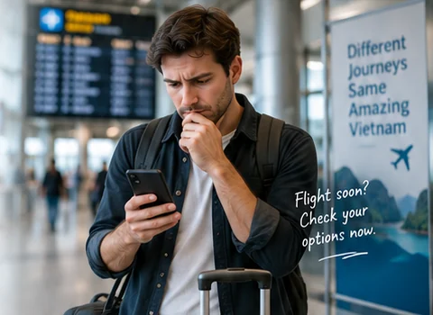 Traveller at an airport checking a Vietnam eVisa that is not approved before departure