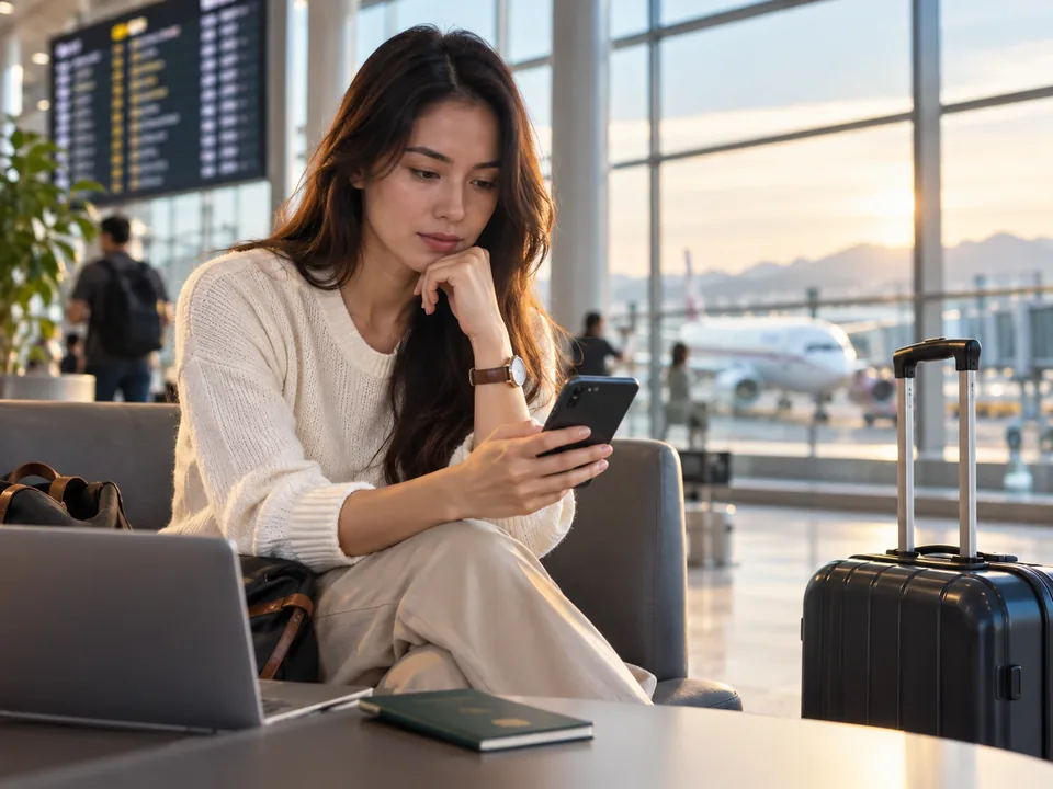 Traveller at an airport lounge checking a Vietnam eVisa processing status on a phone